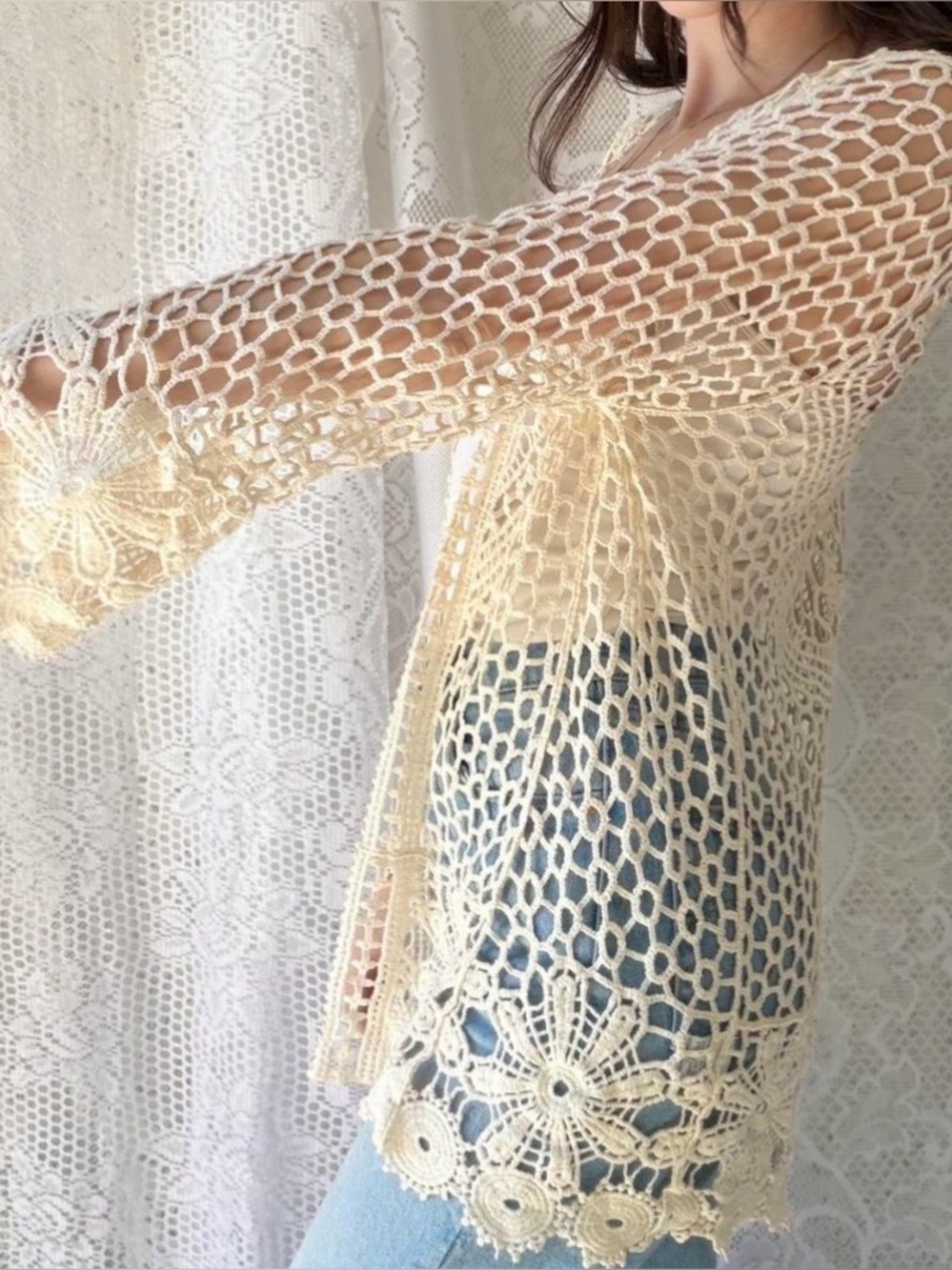 Rebellion Again Crochet Lace Cardigan Ivory Open Knit Top Medium Festival Boho - Picture 2 of 9